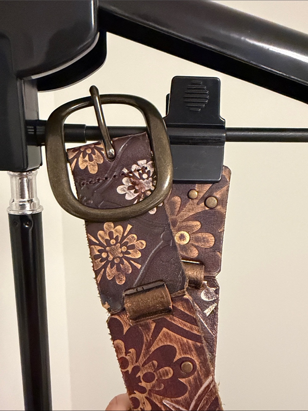 Fossil Brown Leather Floral-Stamped Belt with Antique Brass Buckle